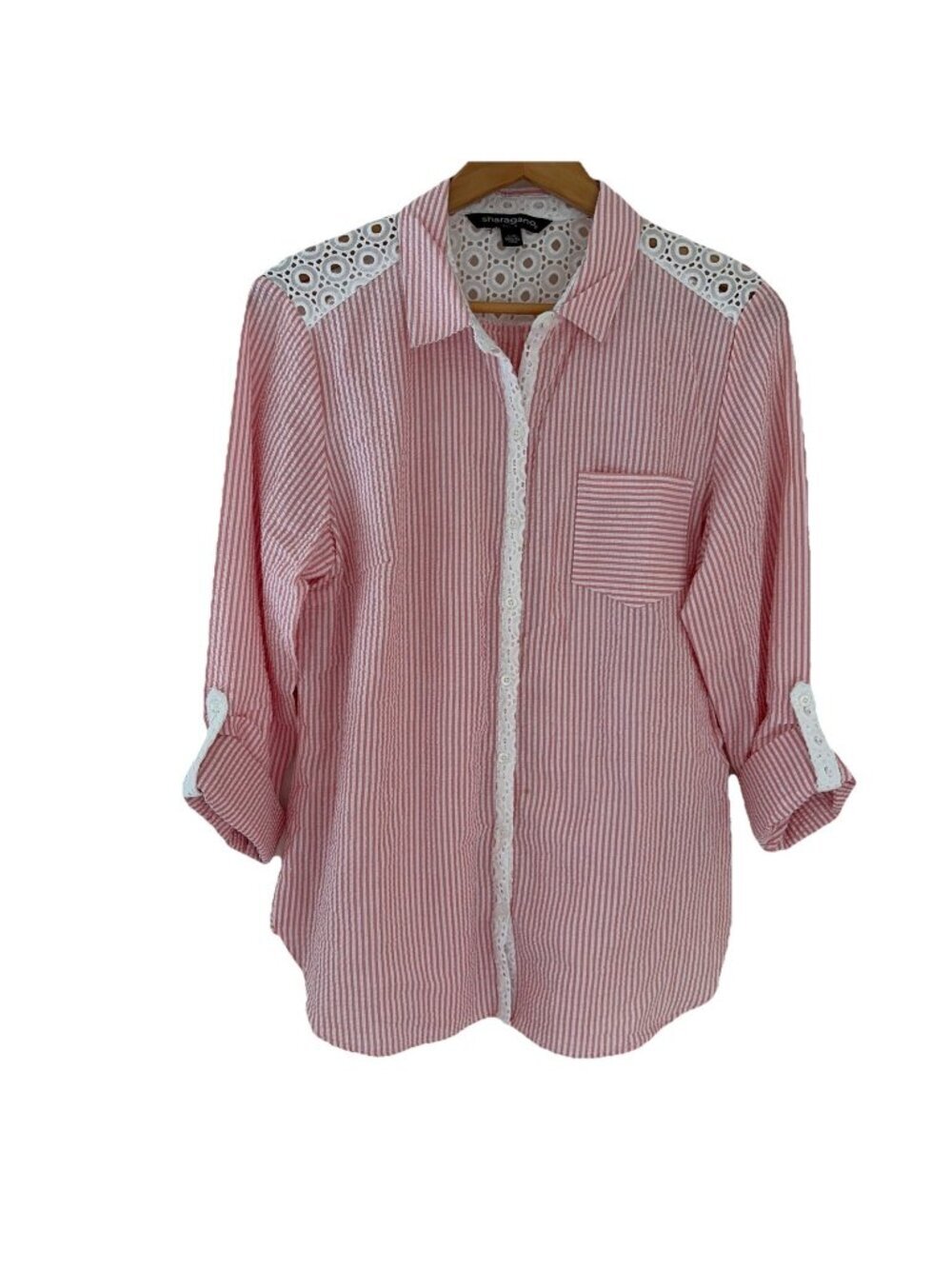 Sharagano Striped Seersucker Top Women's Size L Pink Button Down Eyelet Trim